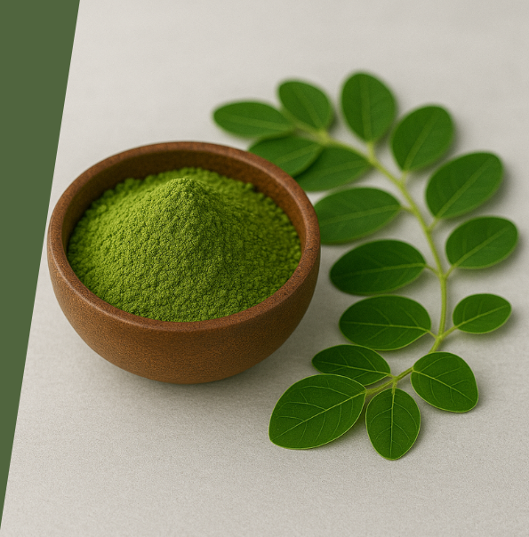 Fresh Moringa powder in wooden bowl with green Moringa leaves